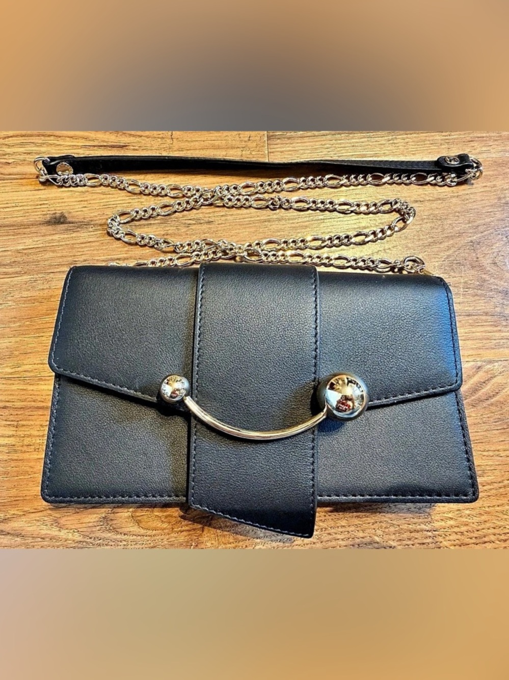 Strathberry crescent on a chain Handbag Black Clutch Crossbody with Gold Accent
